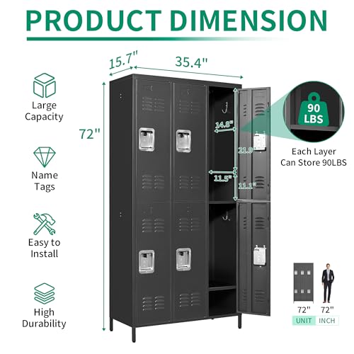 Black 6 Door Steel Storage Lockers with Shelves K152