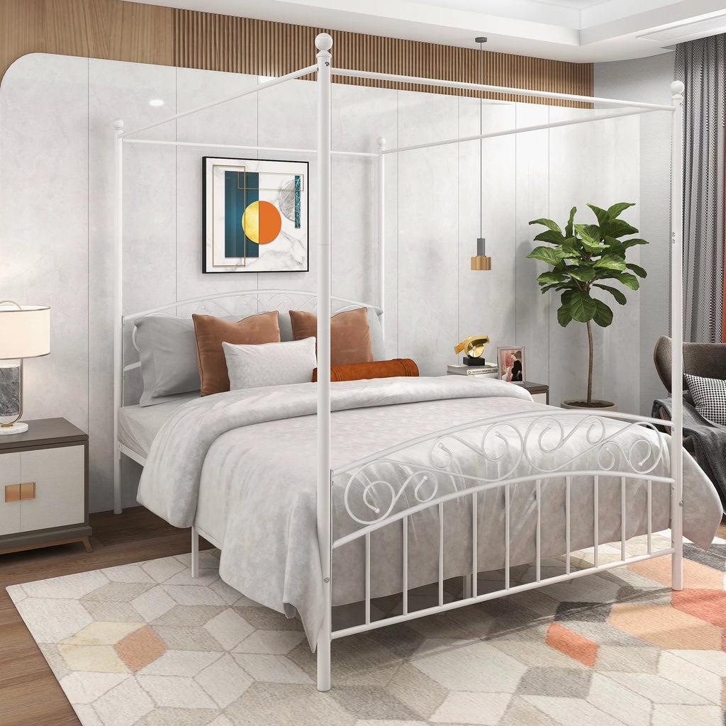 Queen White Metal Canopy Bed Frame with Headboard & Footboard V37799