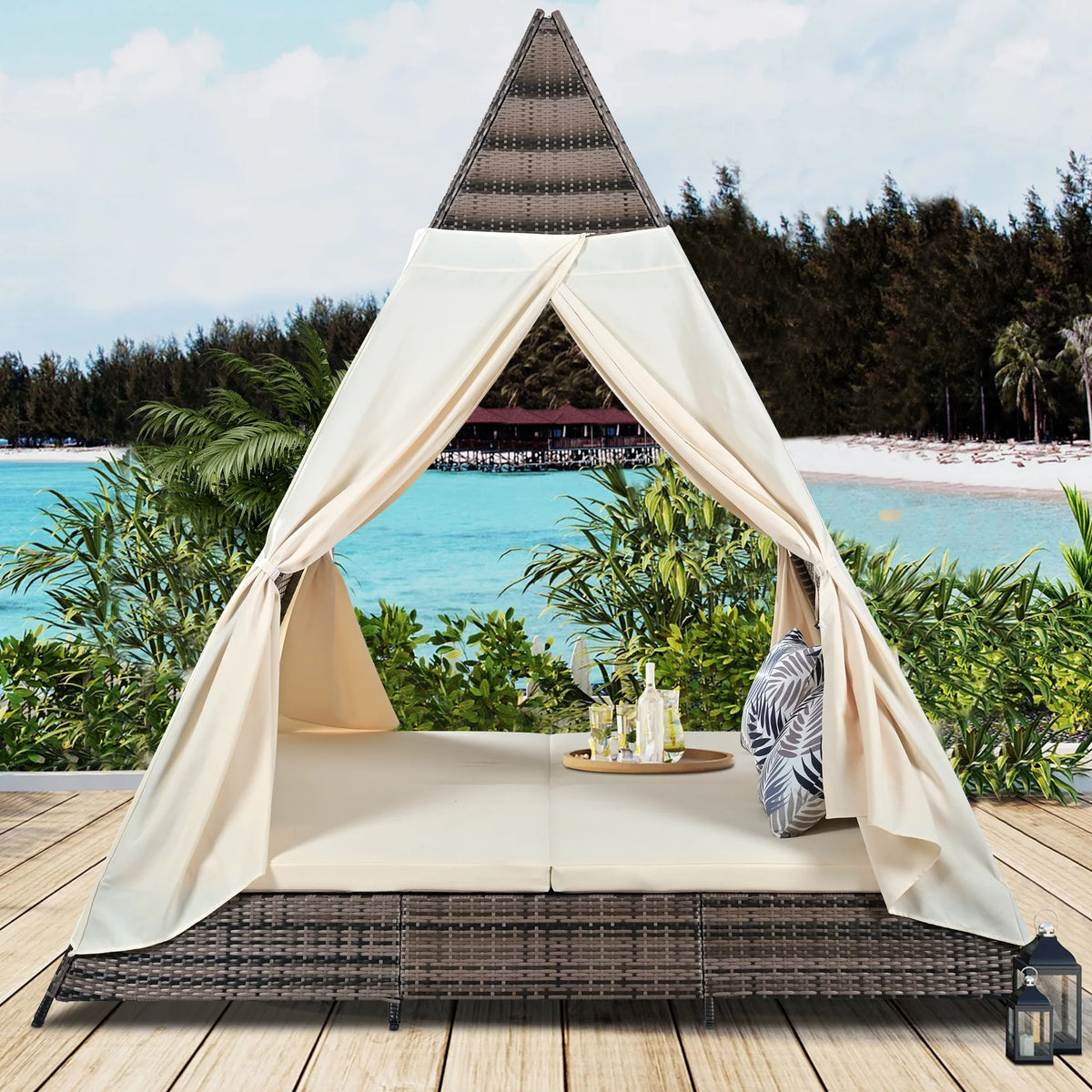 PE Wicker Daybed with Beige Cushions K96407