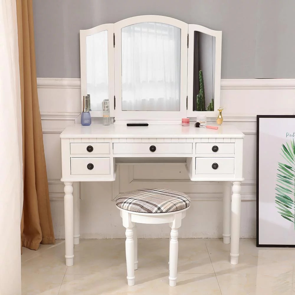 Tri-Folding Vanity Set with Cushioned Stool and 5 Storage Drawer Y802241