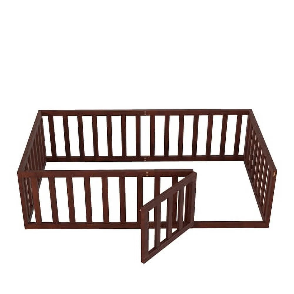 Twin Size Solid Wood Floor Bed Frame with Fence and Door E771938