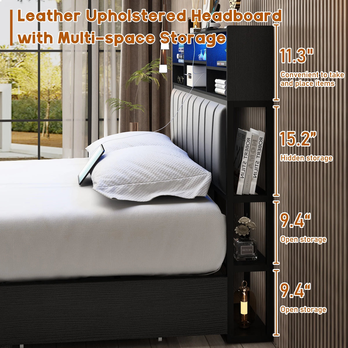 White Queen Size LED Platform Storage Bed Frame with Charging Station P894927