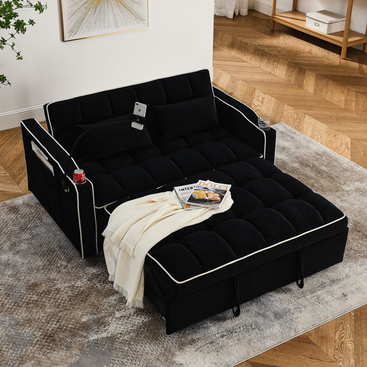 Gray Velvet Pull Out Sofa Bed with USB Port J353125