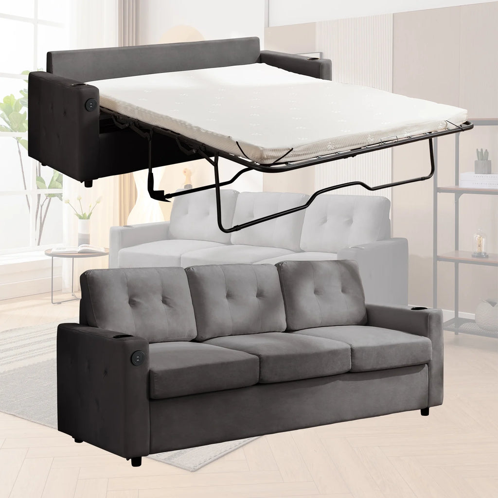 Queen Size Pull Out Sofa Bed with 2 Cup Holders and Dual USB O57356