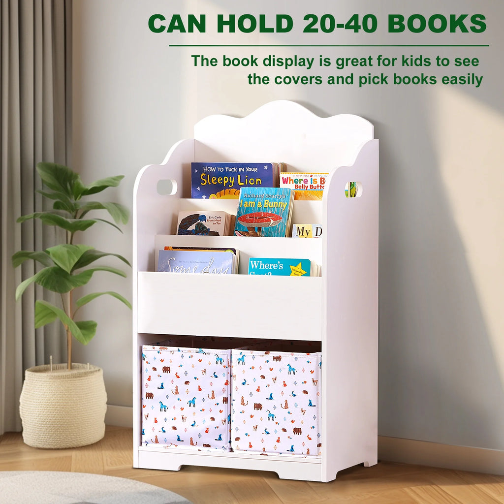 White Wood 4 Tier Kids Bookshelf with Toy Bin E651
