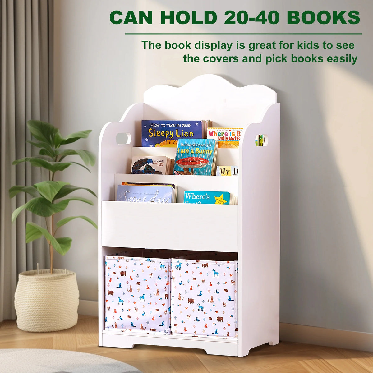 White Wood 4 Tier Kids Bookshelf with Toy Bin E651