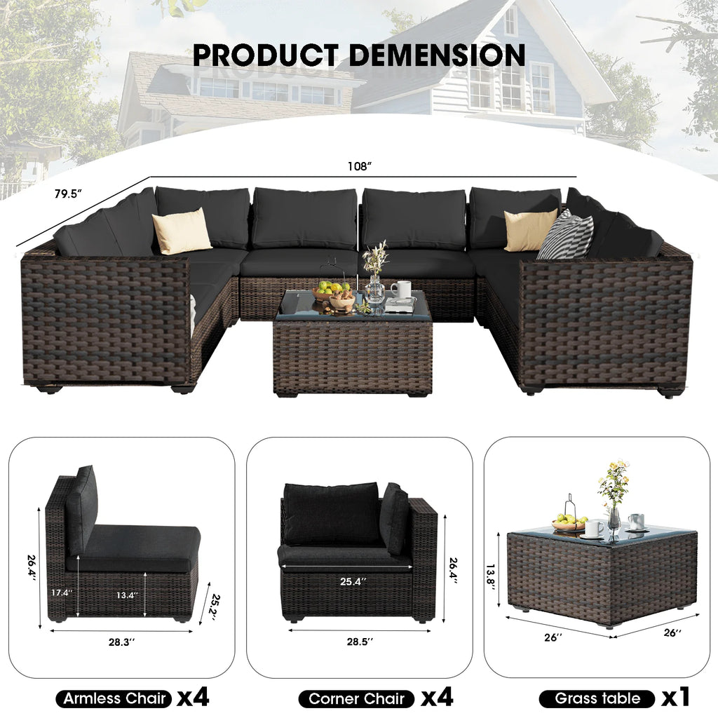 9 Pieces PE Wicker Rattan Outdoor Sofa Set K172
