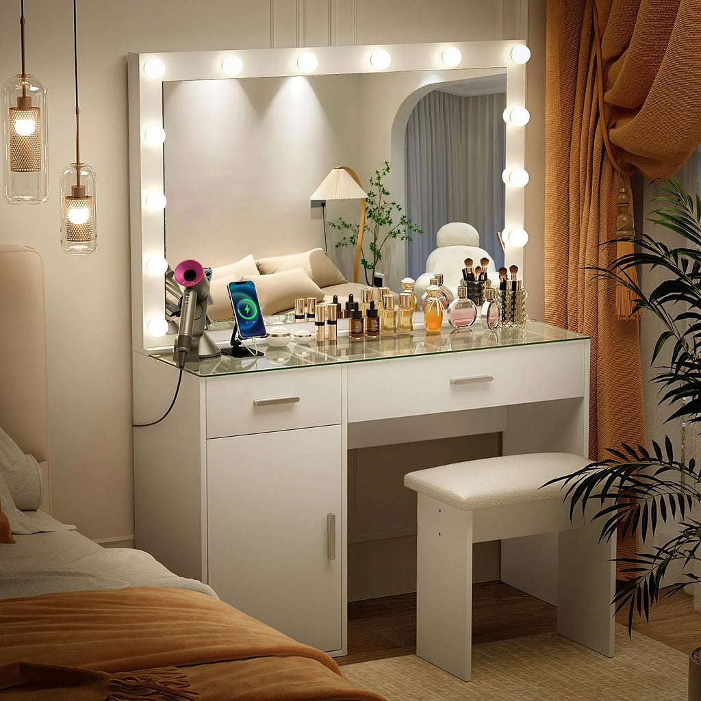 White Makeup Vanity Desk with Mirror and Lights I50317