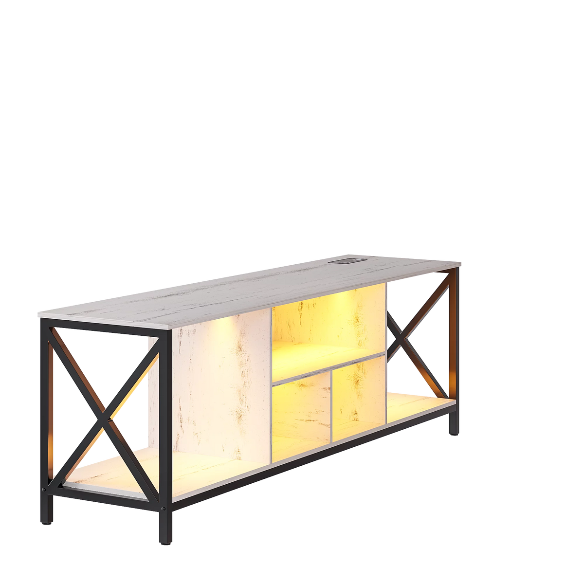 White LED TV Stand with Charging Station and Storage Cabinet J2733