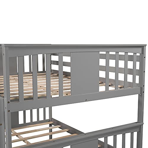 Twin Over Twin Solid Wood Bunk Bed with Stairs Slide Desk Storage Drawers Shelves Gray A670093