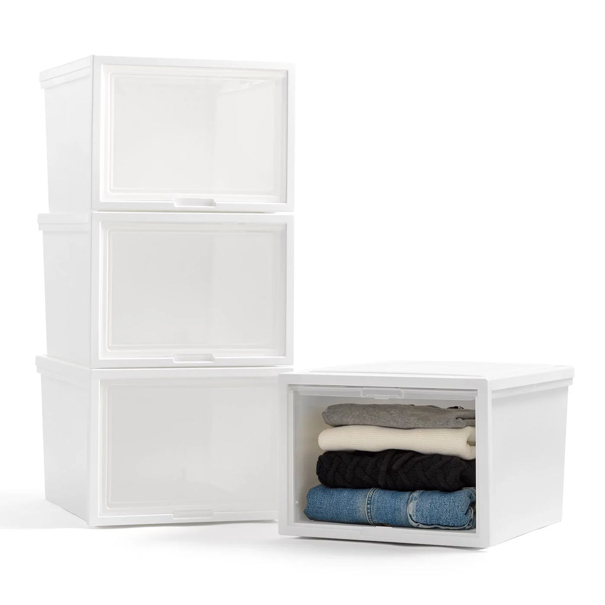 42 Qt. Stackable Plastic Storage Chest with Flip-Up Door, 4 Pack, White J24242