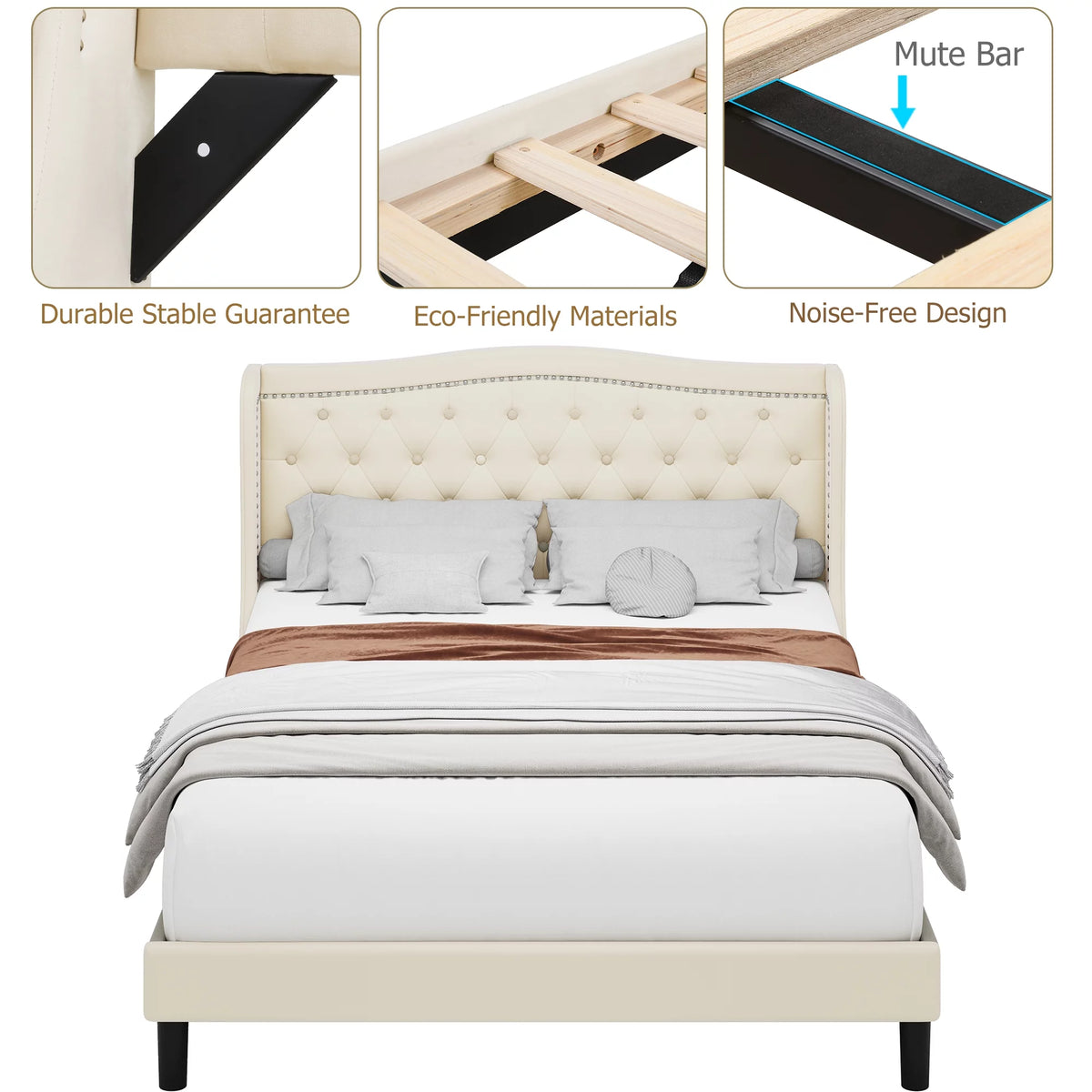 King Bed Frame with Wing-Back Button Tufted Headboard F327544