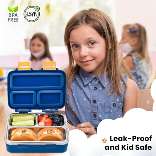 3-Compartment Kids Bento Lunch Box with Leak-Proof Lid, Spoon & Stainless Steel Tray A2859