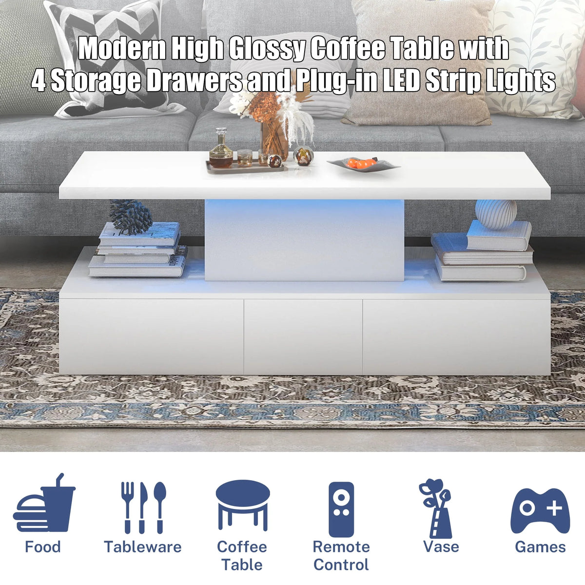 Black LED Coffee Table with 4 Drawers B678910