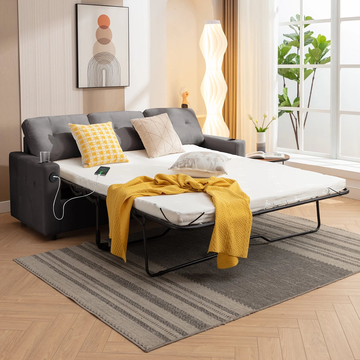 Queen Size Pull Out Sofa Bed with 2 Cup Holders and Dual USB O57356