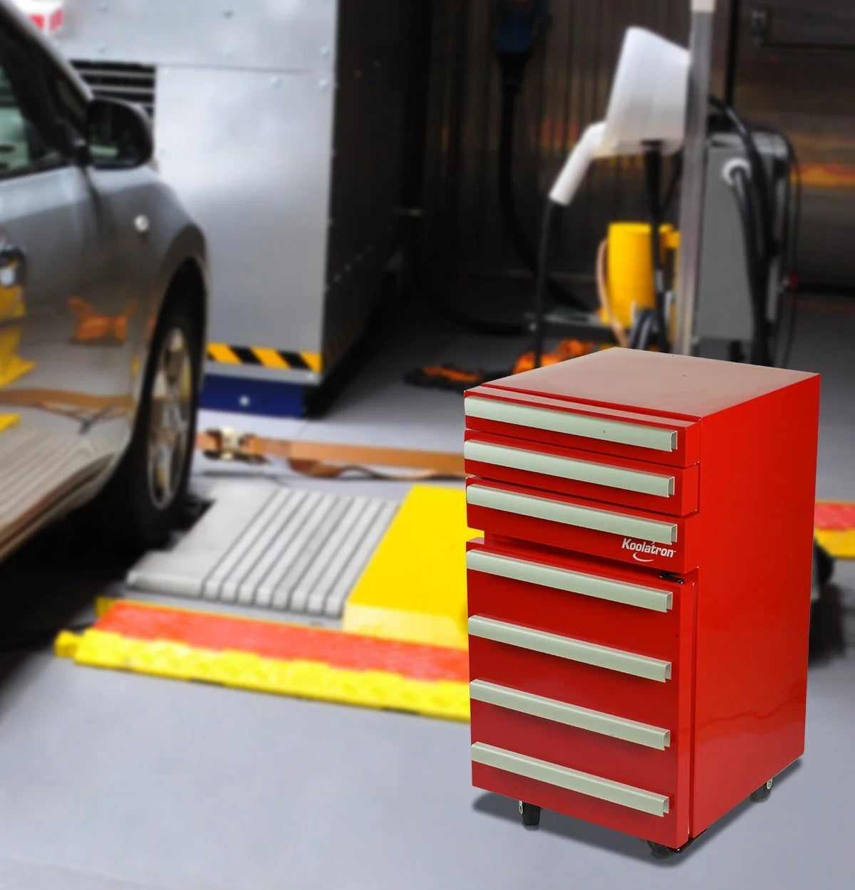 Red Compact Fridge with Built-in Tool Storage K91997