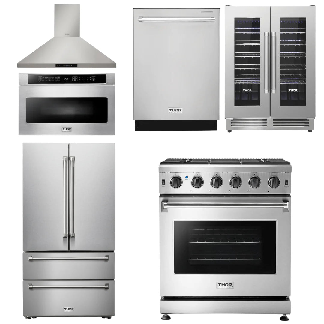 30 Gas Range, Range Hood, Microwave, Refrigerator, Dishwasher, Wine Cooler W6030