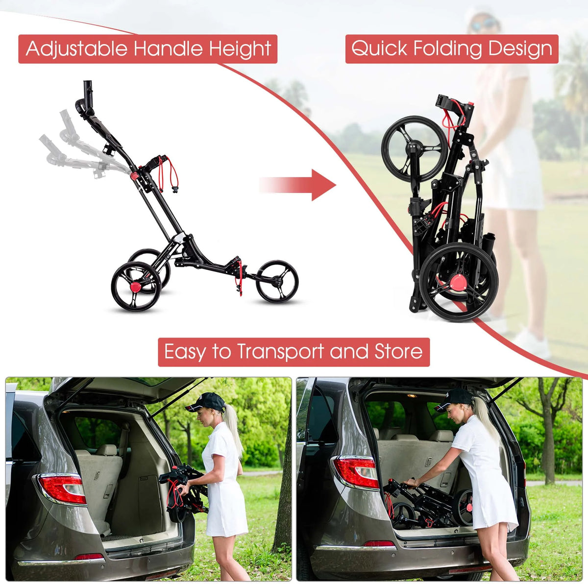 Foldable 3 Wheel Steel Golf Push Cart with Umbrella Holder T78813
