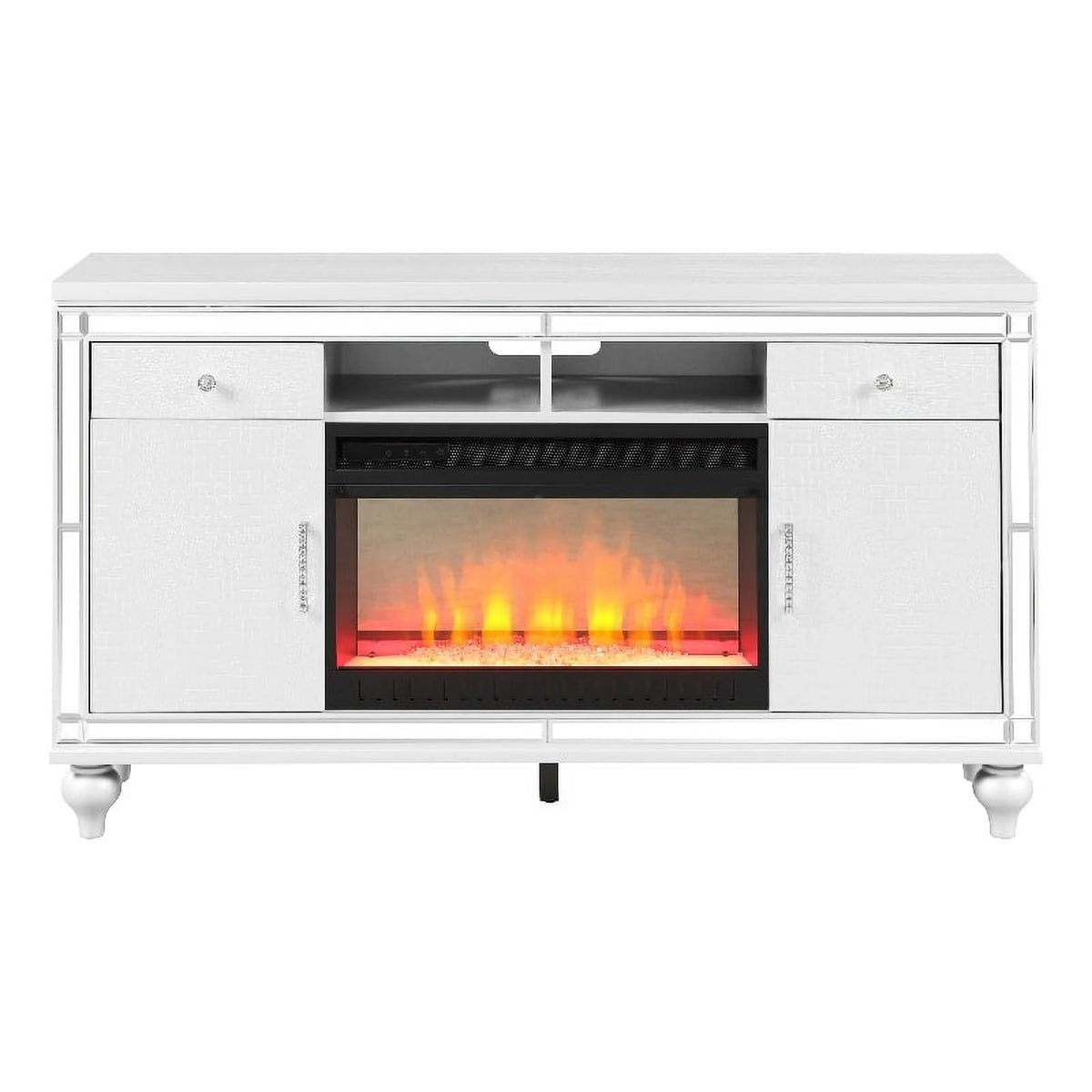 Solid Wood TV Stand With Electric Fireplace in White T62158