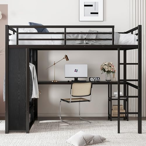 Queen Size Black Metal Loft Bed with Wardrobe and Desk Y69698
