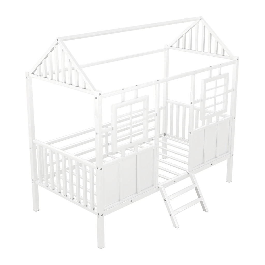 White Metal Twin Low Loft Bed with House-Shaped Roof and Window Z4800