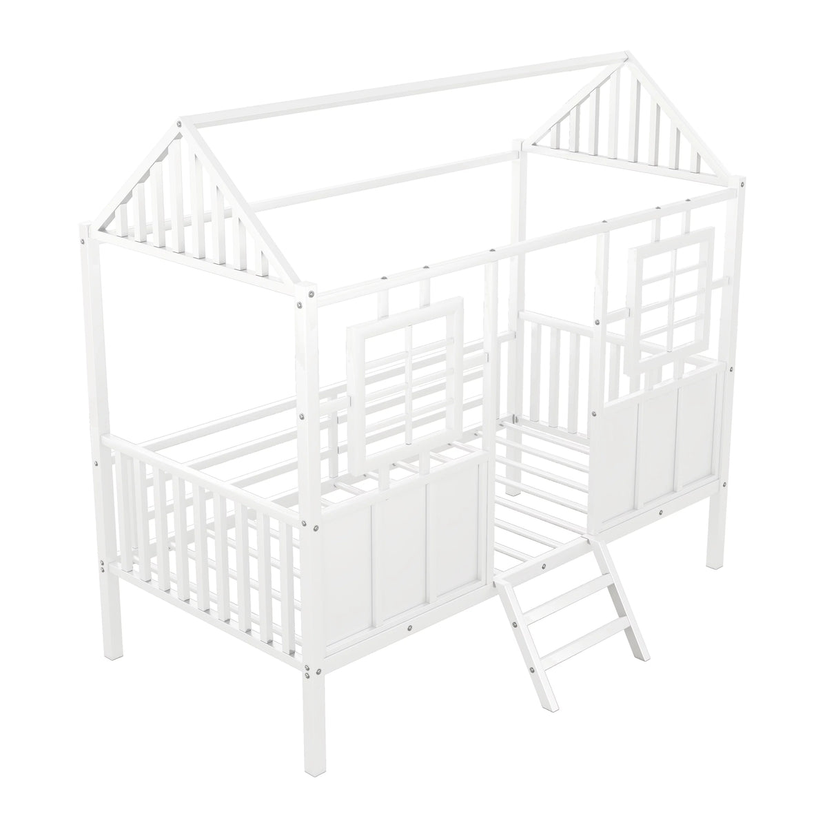 White Metal Twin Low Loft Bed with House-Shaped Roof and Window Z4800