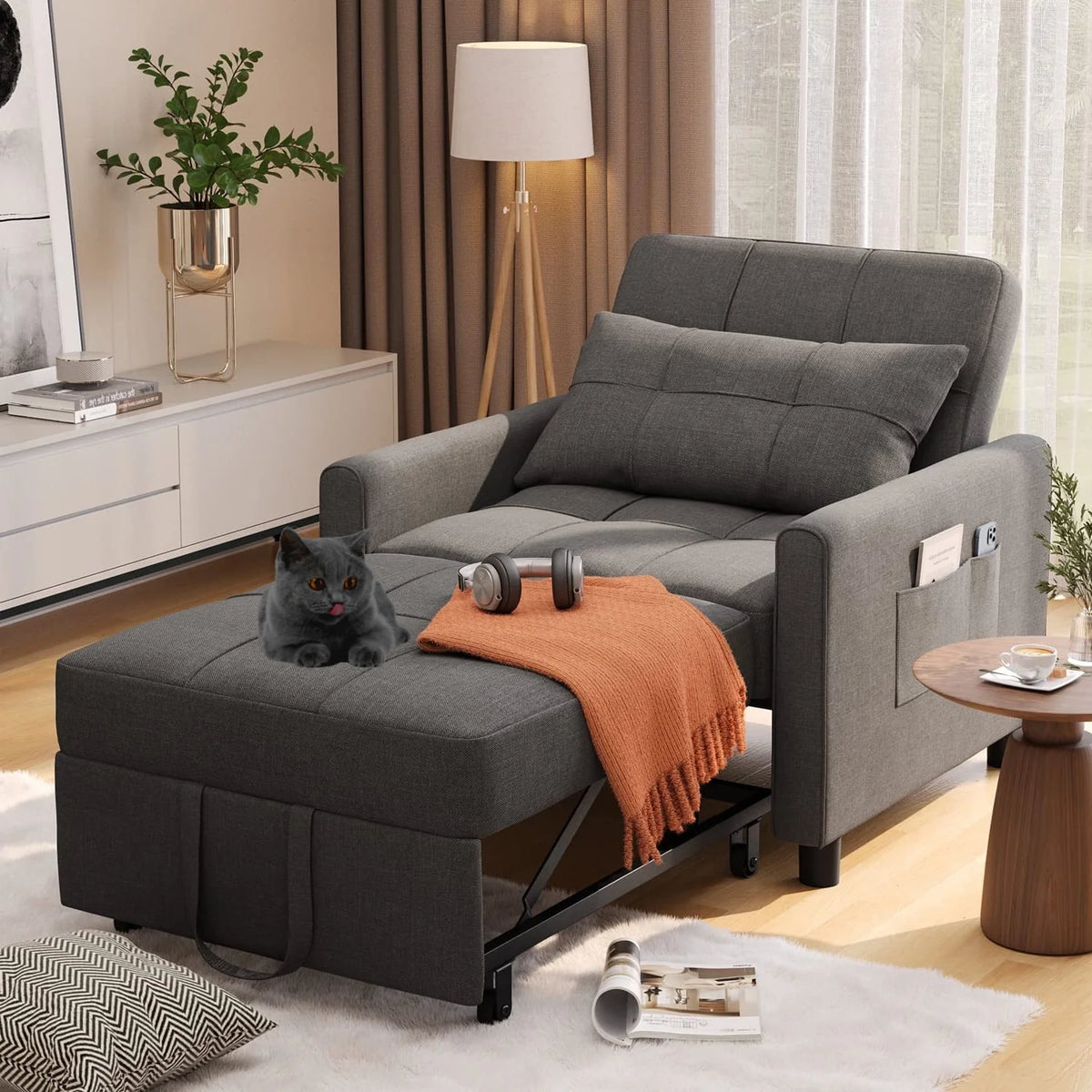 Adjustable 3 in 1 Sleeper Sofa Bed with Metal Frame, Dark Gray B46419