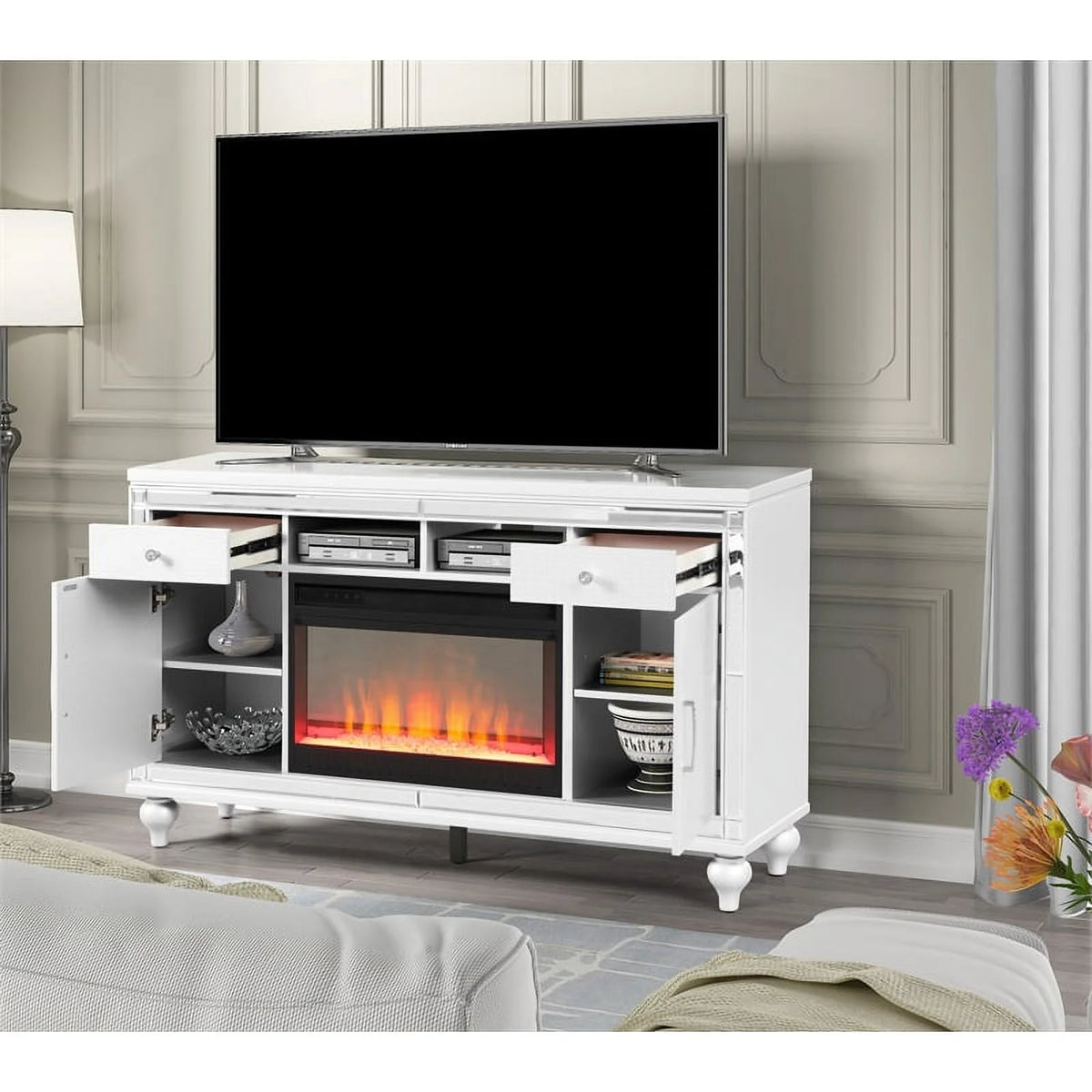 Solid Wood TV Stand With Electric Fireplace in White T62158