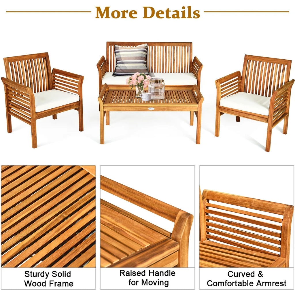 4-Piece Acacia Wood Patio Sofa Set with Beige Cushions V593