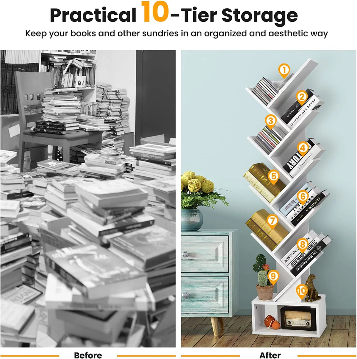 White Wooden 10 Shelf Bookshelf with Drawer I625951