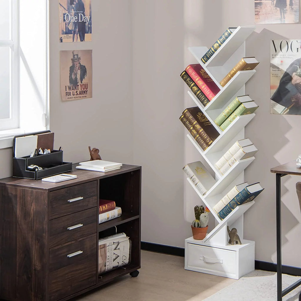 White Wooden 10 Shelf Bookshelf with Drawer I625951