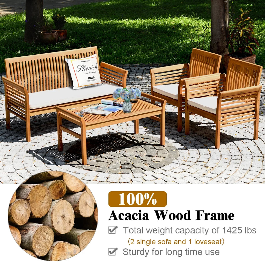 4-Piece Acacia Wood Patio Sofa Set with Beige Cushions V593