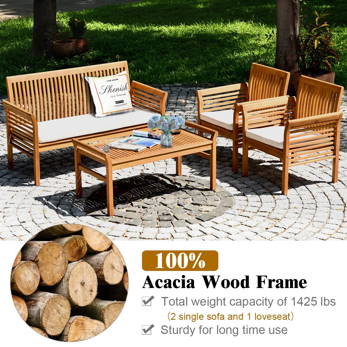 4-Piece Acacia Wood Patio Sofa Set with Beige Cushions V593
