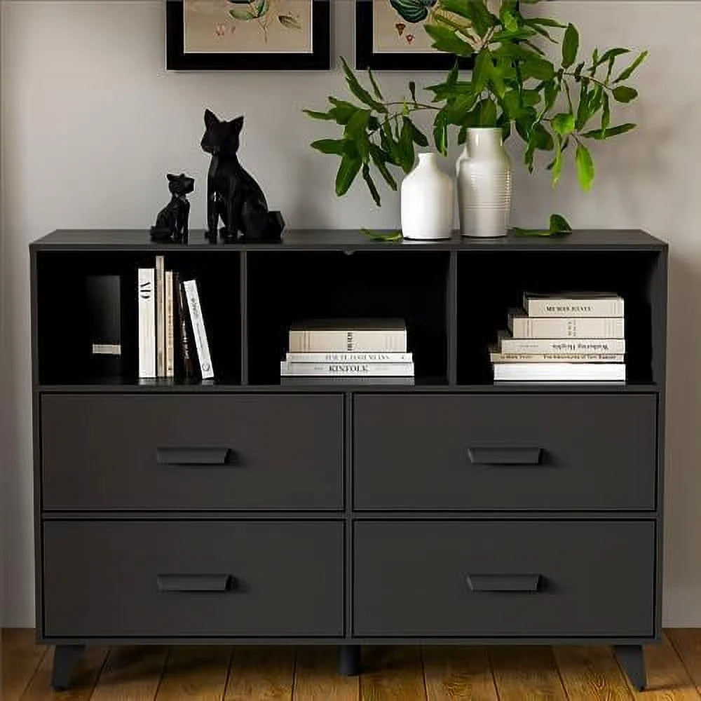 Black 4 Drawer Dresser with Open Shelves A17826