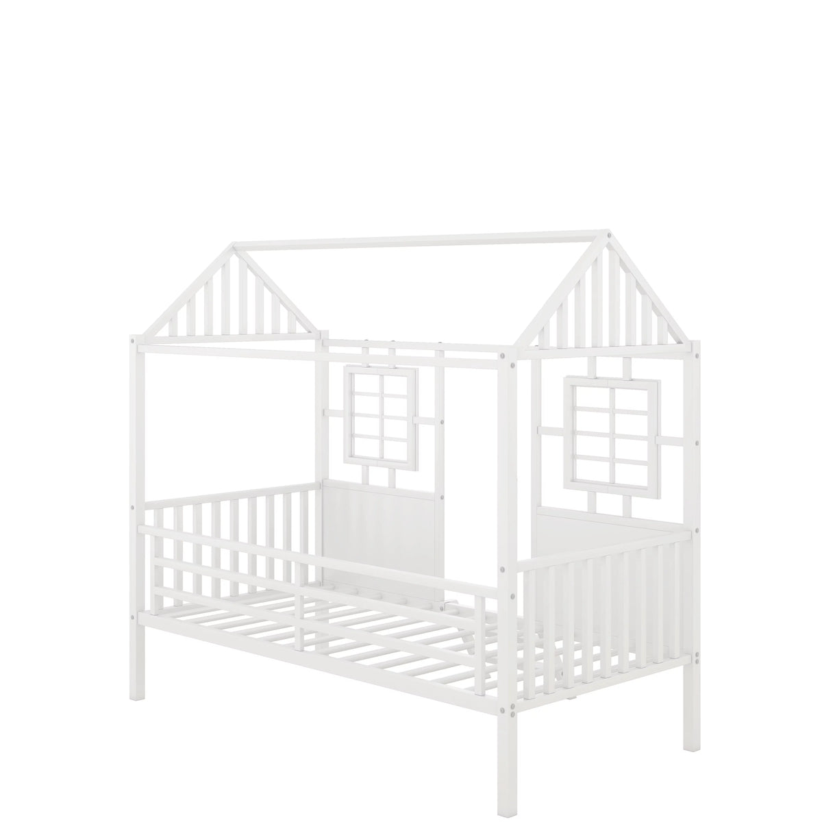 White Metal Twin Low Loft Bed with House-Shaped Roof and Window Z4800