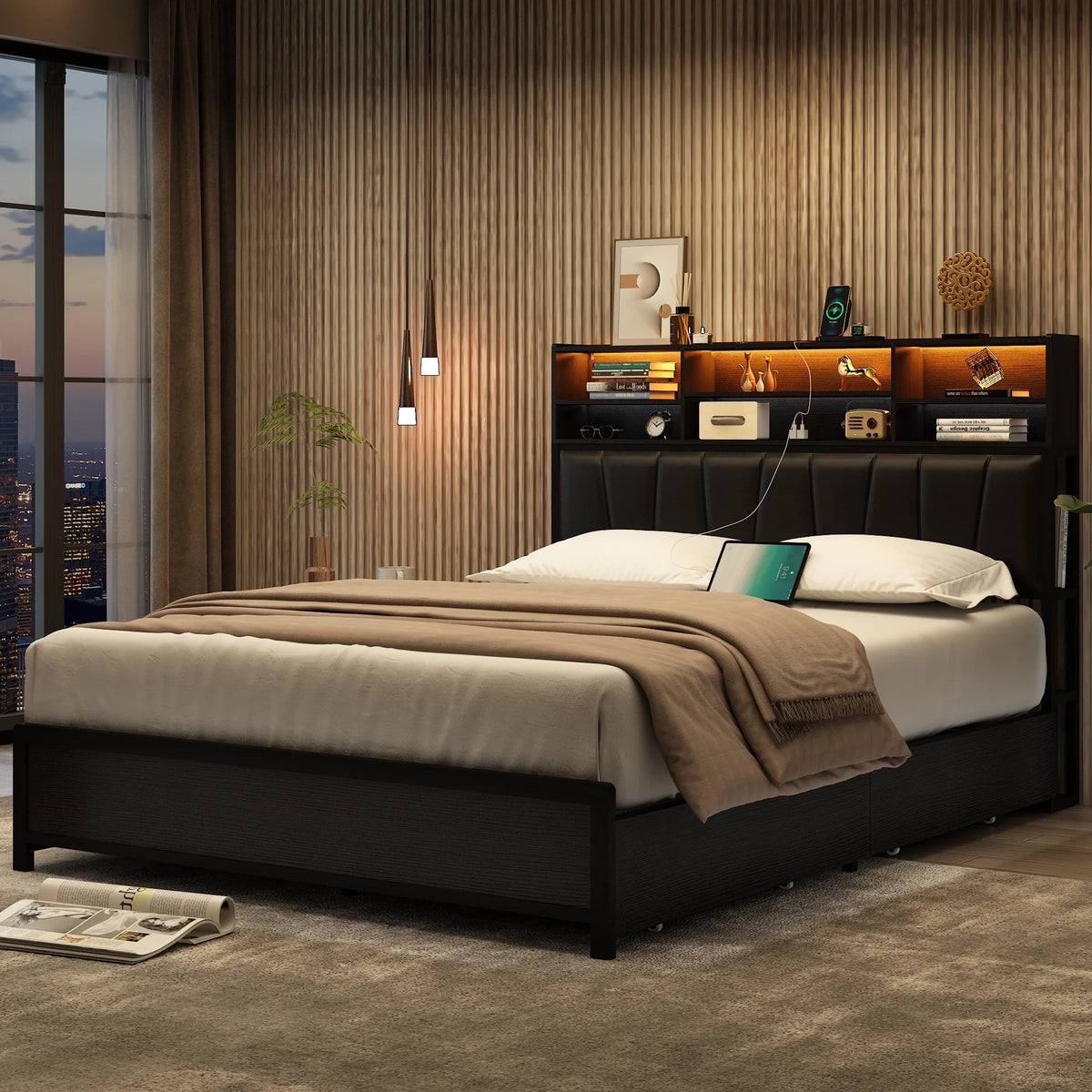 White Queen Size LED Platform Storage Bed Frame with Charging Station P894927