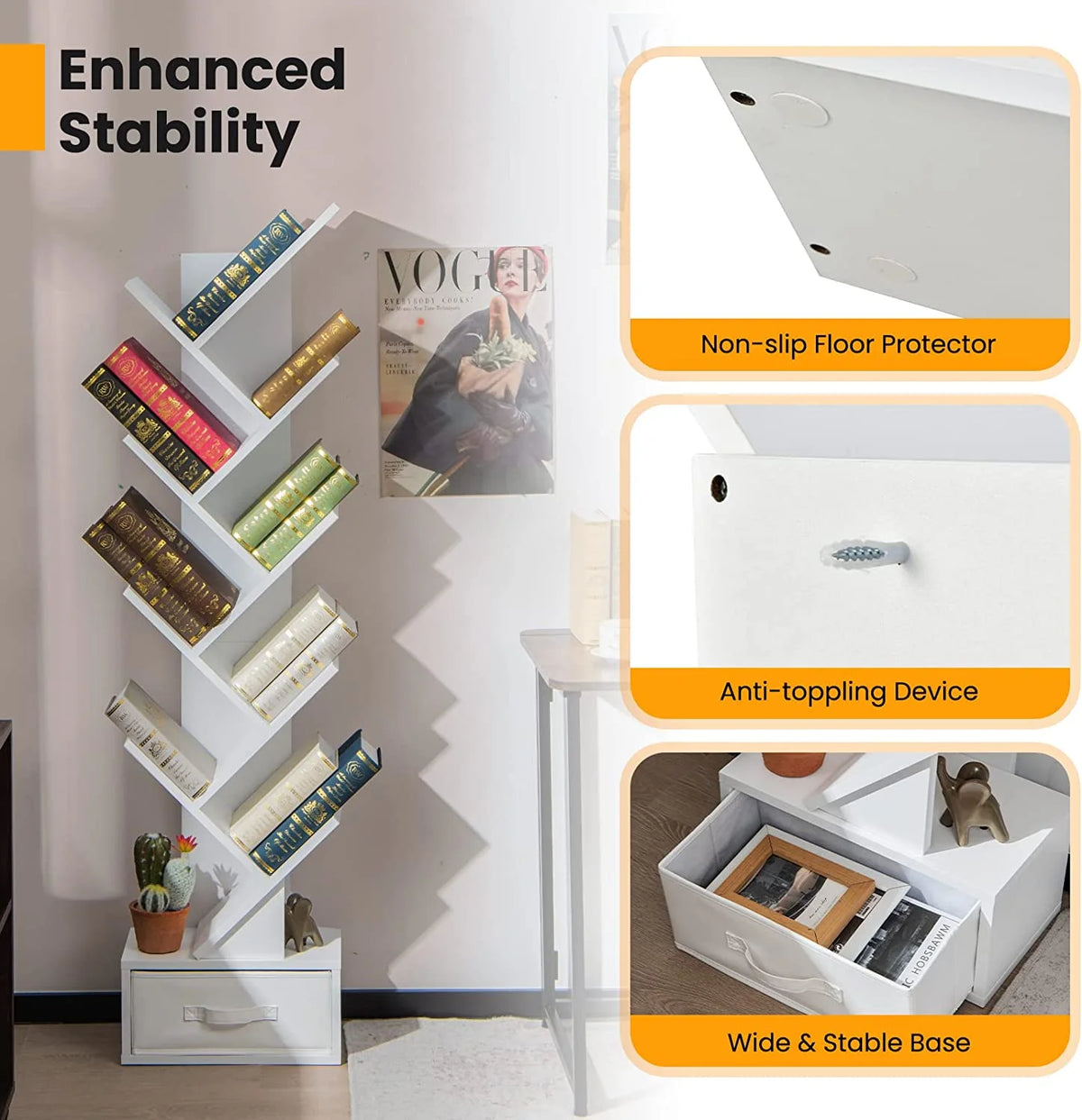 White Wooden 10 Shelf Bookshelf with Drawer I625951