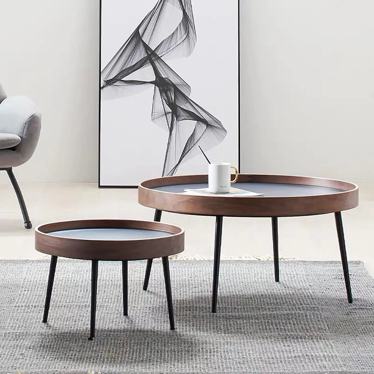 Round Wooden Nesting Coffee Table Set with Metal Frame E3179