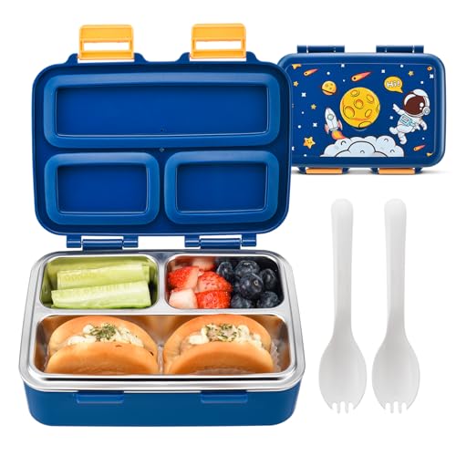 3-Compartment Kids Bento Lunch Box with Leak-Proof Lid, Spoon & Stainless Steel Tray A2859