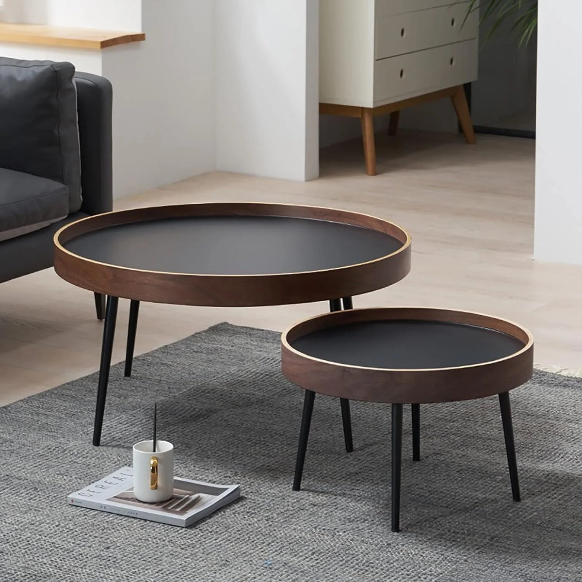 Round Wooden Nesting Coffee Table Set with Metal Frame E3179