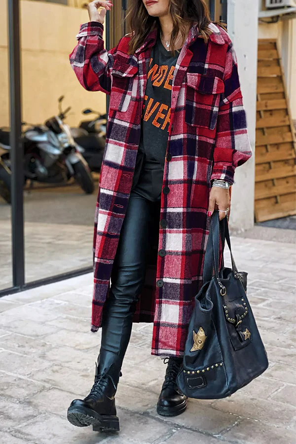 Plaid Button Pocket Shirt Collar Outerwear T320