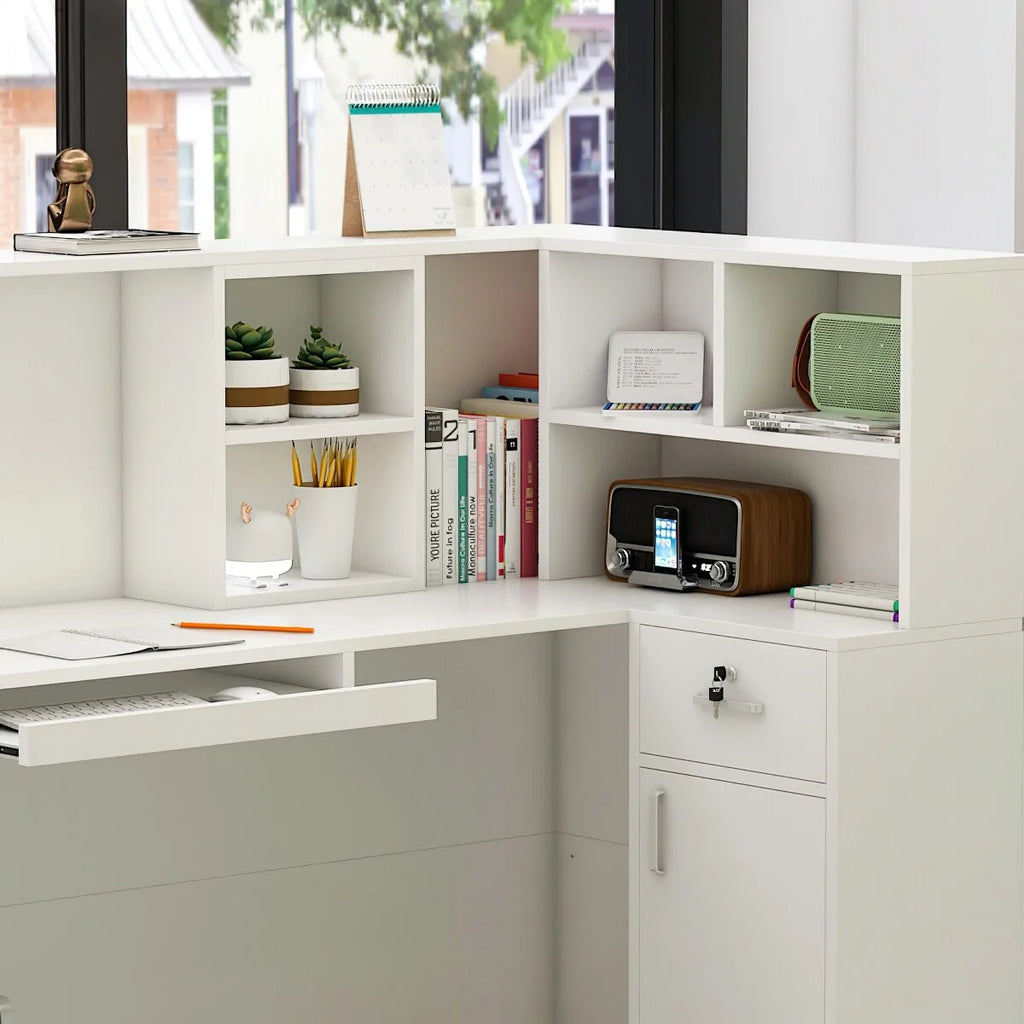 L-Shaped Reception Desk with Shelves and Drawers White E895714