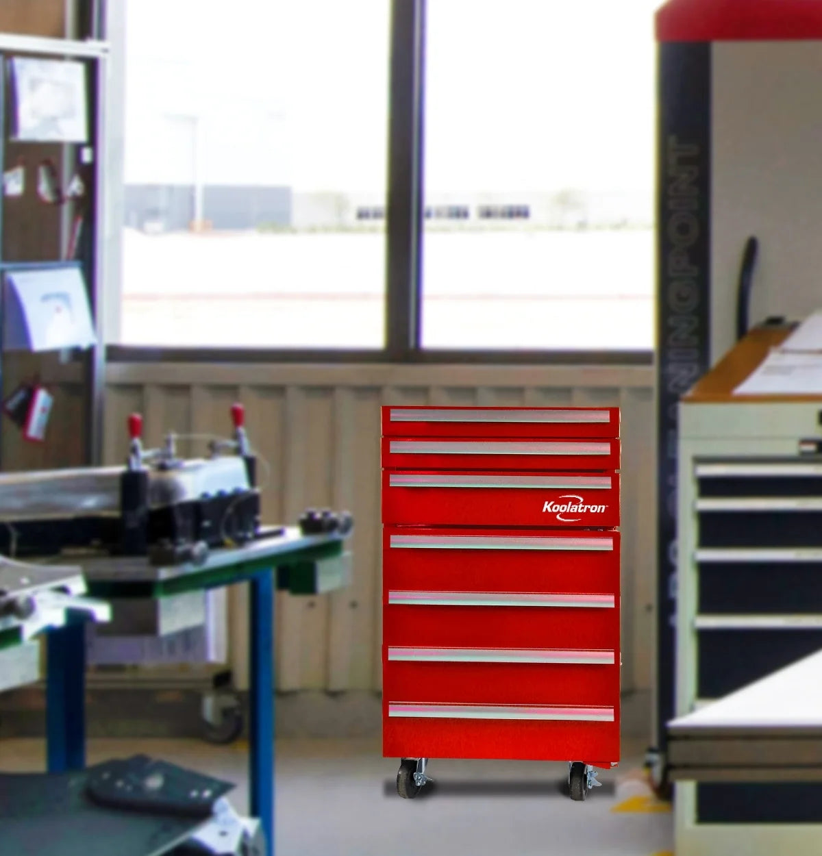 Red Compact Fridge with Built-in Tool Storage K91997