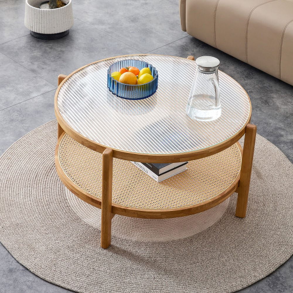 Round 2-Tier Glass Coffee Table with Solid Wood Legs H305692
