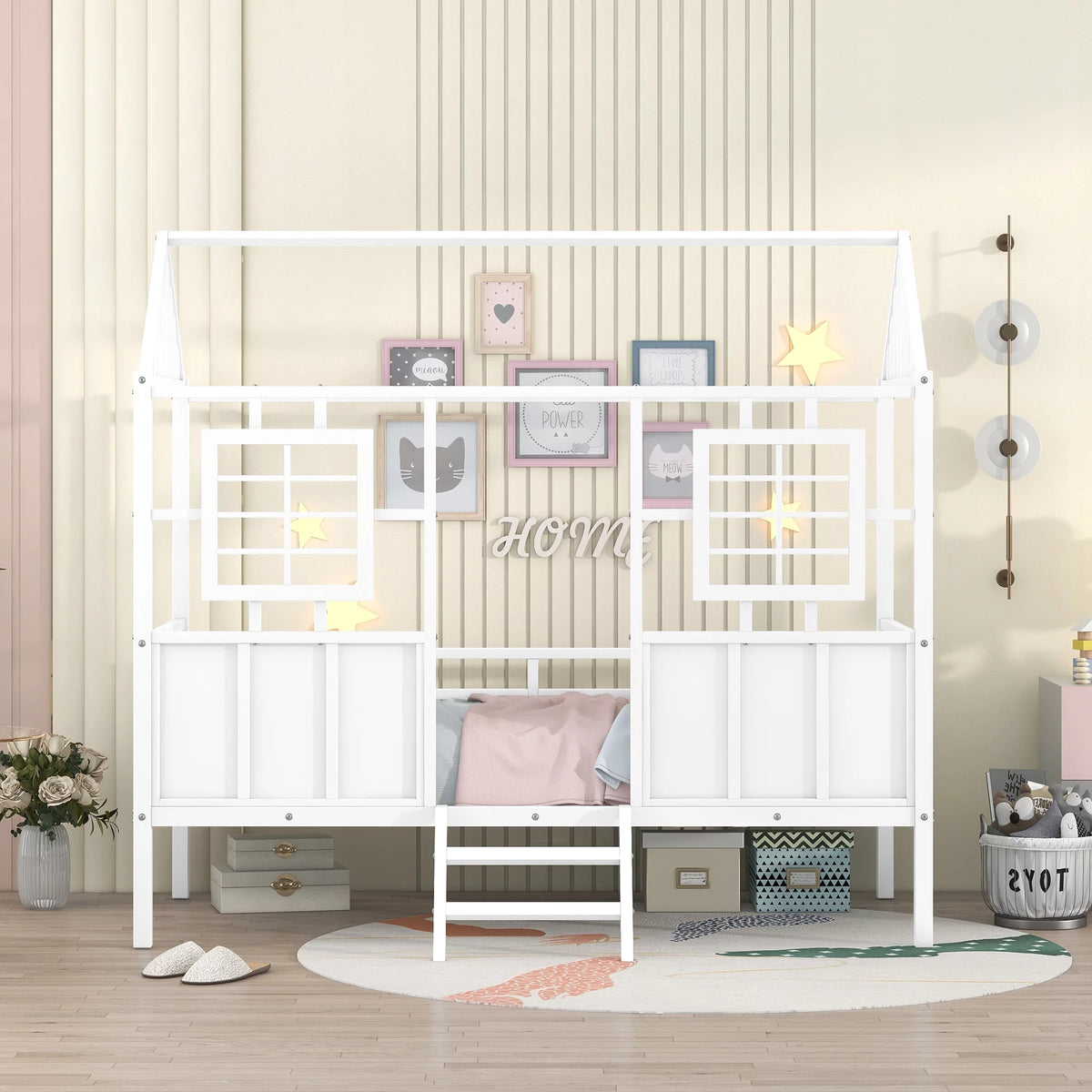 White Metal Twin Low Loft Bed with House-Shaped Roof and Window Z4800