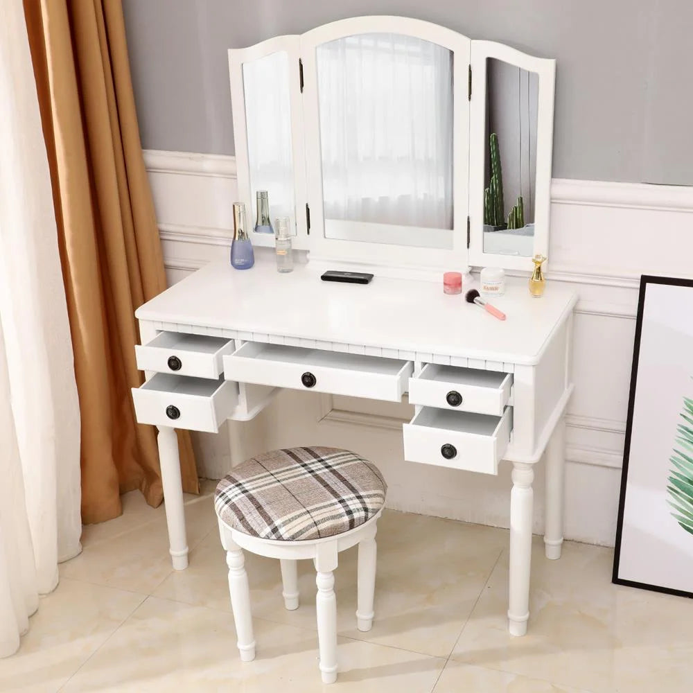 Tri-Folding Vanity Set with Cushioned Stool and 5 Storage Drawer Y802241