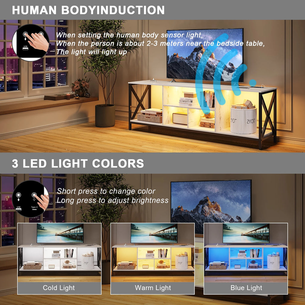 White LED TV Stand with Charging Station and Storage Cabinet J2733