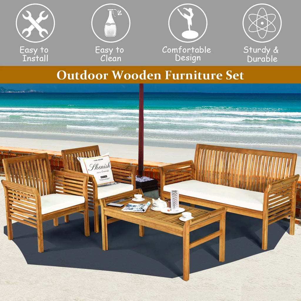 4-Piece Acacia Wood Patio Sofa Set with Beige Cushions V593