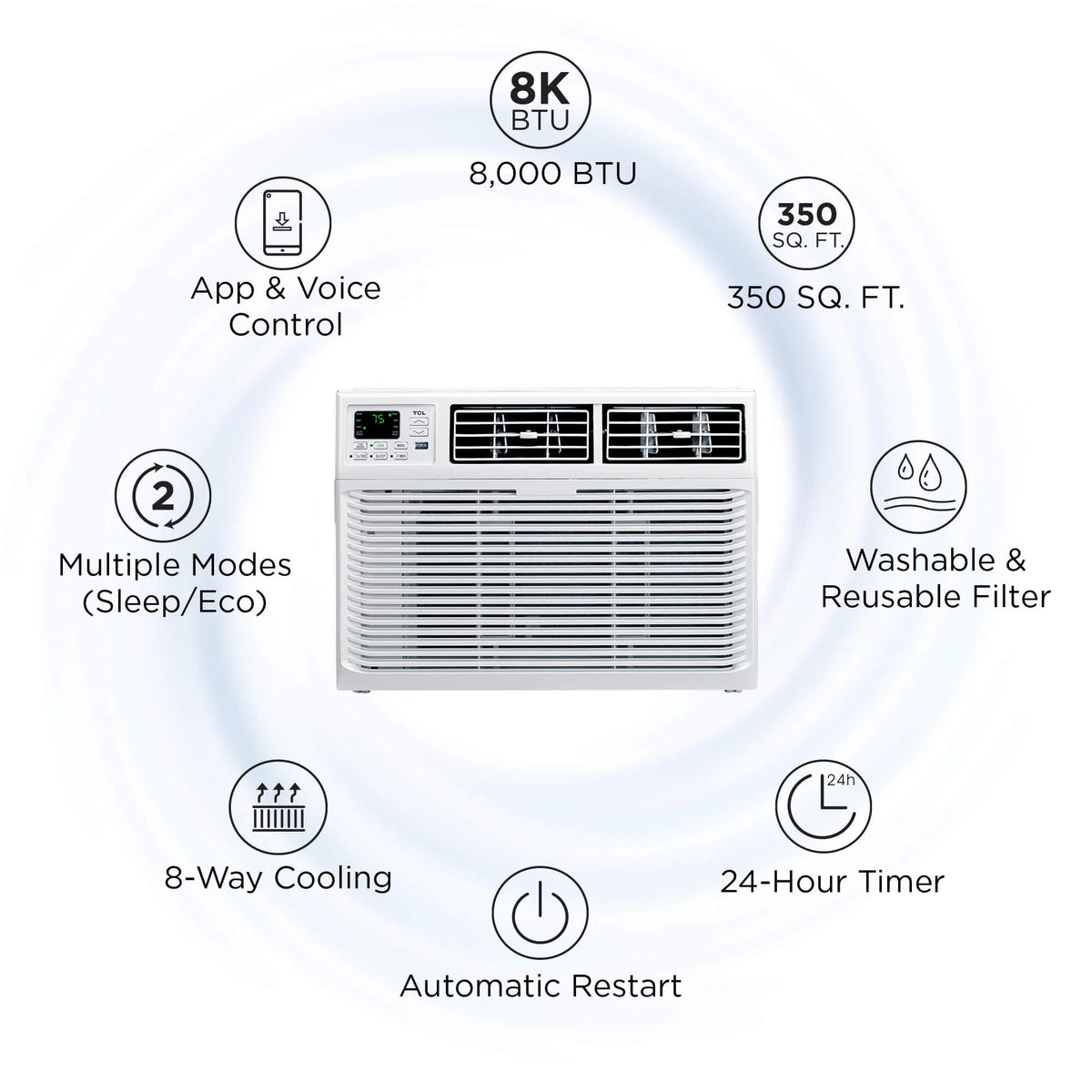8000 BTU Smart Window Air Conditioner with Remote, White F7554