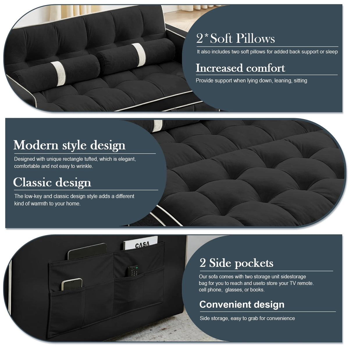 Black Velvet Pull Out Sofa Bed V10600